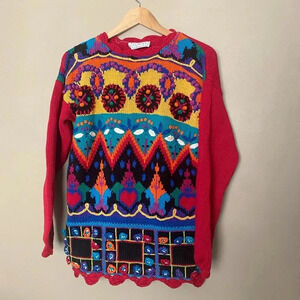 CASUAL CORNER 90s vintage sweater colorful chic maximalist RARE 3D rainbow kint